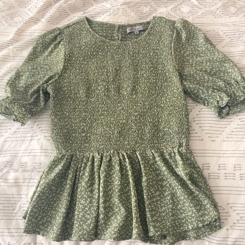 Wishlist Green Smocked Short Sleeve Blouse